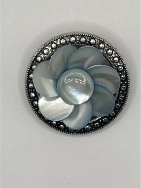 Vintage Germany Blue Lucite Flower Brooch Faux Pearl Rhinestone Silver Tone